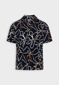 Košile s krátkým rukávem vyrobená z látky s námořnickým pozadím, na kterém se nachází abstraktní bílé a hnědé liniové vzory. Design s knoflíkovým zapínáním a límečkem.