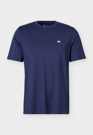 Marineblå kortermet t-skjorte med rund hals og en liten lys blå halvsirkelformet logo på venstre bryst.