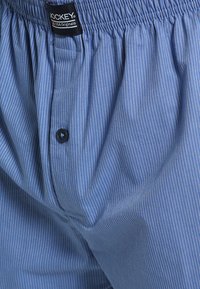 Boxer shorts a rayas azul claro hechos de tela suave, con una cinturilla elástica negra que lleva un logo y un cierre de botón en el frente.