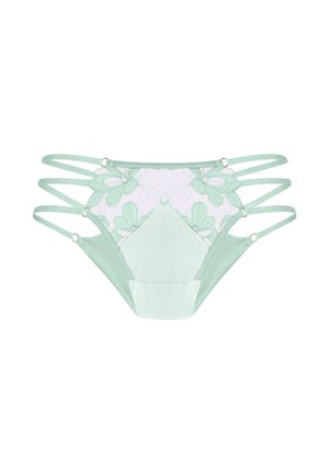 Lichtgroene damespanty's met een voorpaneel van bloemenkant en dubbele zijbandjes op een witte achtergrond.