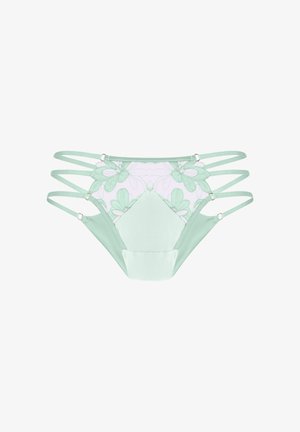 Lichtgroene damespanty's met een voorpaneel van bloemenkant en dubbele zijbandjes op een witte achtergrond.