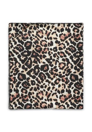 Sciarpa con motivo leopardato che presenta una combinazione di macchie nere, beige e rosa su uno sfondo bianco, con texture liscia e bordi rifiniti.