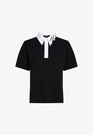 Schwarzes Poloshirt mit kurzen Ärmeln, weißem Kragen mit gesticktem schwarzem Logo und geradem Schnitt. Baumwollmaterial.