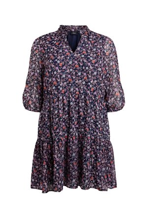 Navyblaues kurzes Kleid mit pinkem und rotem Blumenmuster, V-Ausschnitt, puffärmeligen Dreiviertelärmeln und gestuften Rüschensaum.