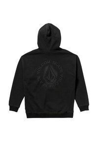Sudadera con capucha negra y un acabado texturizado. Presenta un logo circular impreso en la parte trasera y costuras contrastadas a lo largo de las costuras.