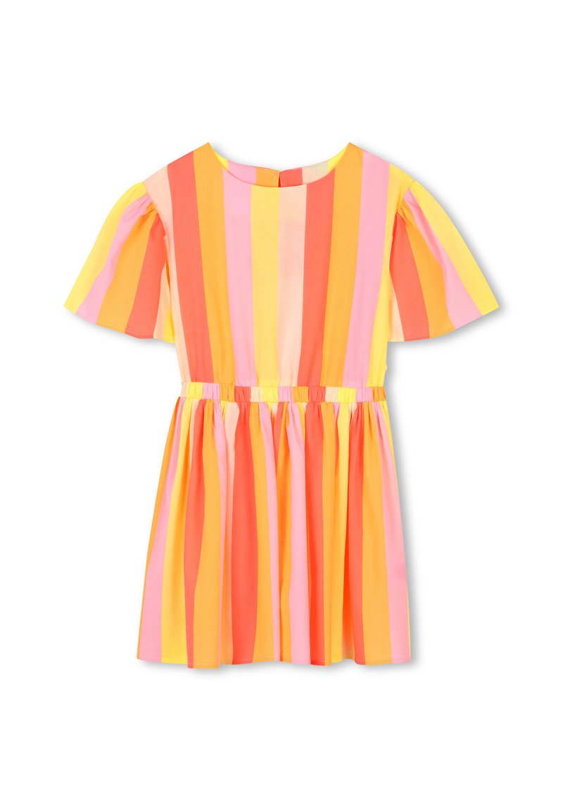 Vestido de manga corta con escote redondo, con rayas verticales en melocotón, rosa, amarillo y naranja. Cintura fruncida y falda acampanada.