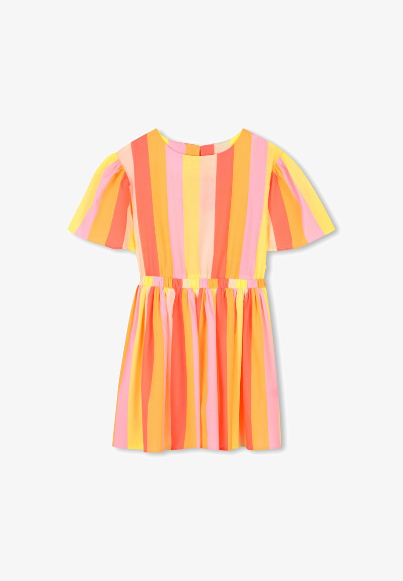Φόρεμα κοντομάνικο με στρογγυλή λαιμόκοψη, διακοσμημένο με κατακόρυφες ρίγες σε ροδακινί, ροζ, κίτρινο και πορτοκαλί. Μαζεμένη μέση και φουσκωτό φουστάνι.