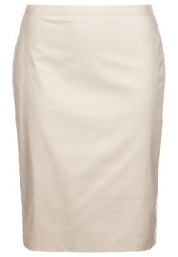 Beige blyertsjol i slätt tyg, med en figursydd form och rakt snitt med knälång nederkant. Inga synliga detaljer eller beslag.