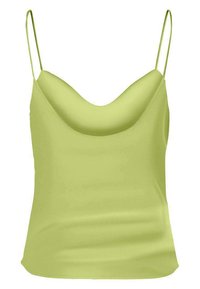 Camisole en satin de couleur vert lime clair, avec de fines bretelles spaghetti et un design fluide et drapé, doté d'un décolleté bas arrondi.