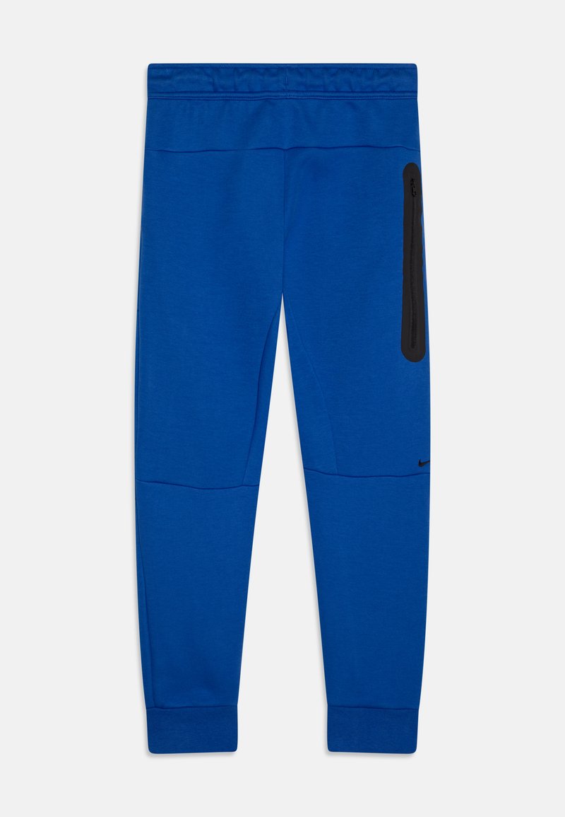 Blaue Sporthose aus weichem Material, mit einer schwarzen Reißverschlusstasche am Oberschenkel und gerippten Bündchen am Knöchel. Glatte Textur.
