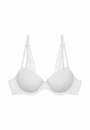 Biały koronkowy stanik z wyściełanymi miseczkami, z falbaniastym wykończeniem koronki wzdłuż krawędzi, regulowanymi ramiączkami i gładkim paskiem.