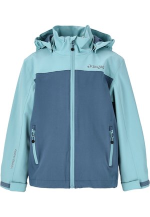 Veste bicolore ZigZag en bleu clair et marine, fabriquée en tissu résistant à l'eau, dotée d'une fermeture éclair à l'avant, d'une capuche ajustable et de deux poches zippées.