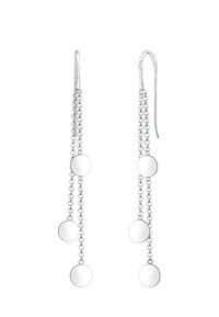 Boucles d'oreilles argentées pendantes avec trois disques circulaires sur des chaînes reliées, présentant une finition polie et des fermoirs à crochet.