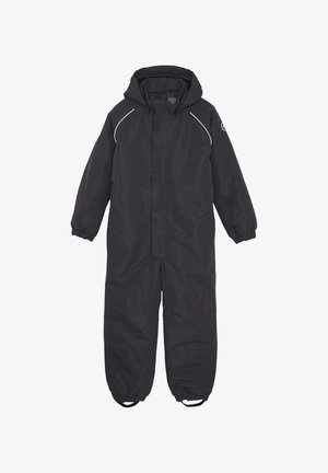 Black waterproof overall with a detachable hood. Features elastic cuffs and reflective accents. Made from durable synthetic material.