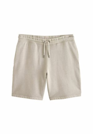 Pantaloni scurți din bumbac bej, cu talie elastică, șnur ajustabil, buzunare laterale și o textură netedă.