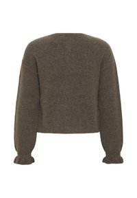 Rjav puhast cropped pulover z dolgimi napihnjenimi rokavi in volančki na manšetah, prikazan zadaj na beli podlagi.