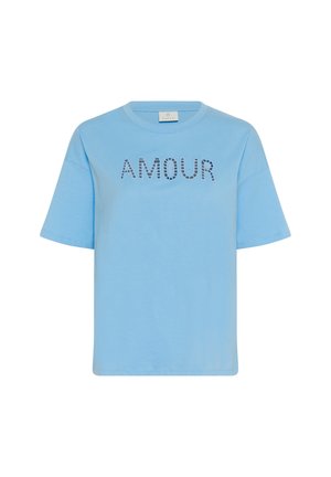 T-shirt en coton bleu clair à manches courtes et col rond. Présente le mot "AMOUR" en lettres à motifs mosaïque bleu foncé sur le devant.