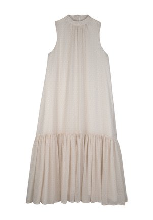 Beige jurk met een mouwloos ontwerp en een hoge halslijn. Heeft een geplooide taille en een gelaagde, gerimpelde zoom met een subtiel bloemmotief.