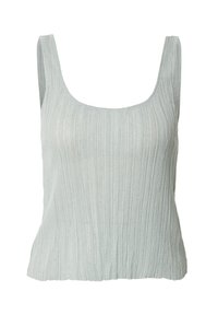 Lichtblauw, geribd tanktop met een vierkante halslijn en brede schouderbanden. Zachte textuur, aansluitende pasvorm en afgewerkt met een rechte zoom.