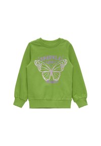 Groene sweatshirt met een ronde halslijn en pofmouwen. Het heeft een groot vlinderontwerp en de tekst "SPARKLE AND SHINE" in metallic paars.