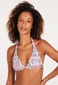 Driehoek bikini top met een levendig meerkleurig geometrisch patroon op een witte achtergrond. Het materiaal is zacht en heeft strik halters.