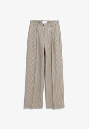 Beige geruite broek met een hoge taille, brede pijpen, scherpe plooien en een knoopsluiting. Gemaakt van een gladde stof met een ruitpatroon.