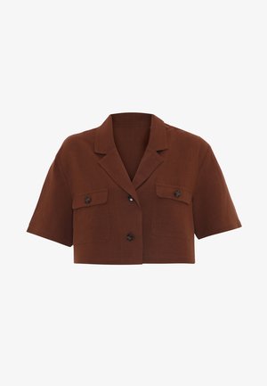 Geknipte bruine shirt in een lichte stof met korte mouwen, notch-kraag, twee vo pockets en twee knopen.
