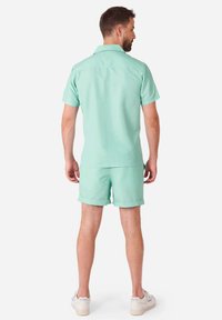 Minttu vihreä lyhythihainen haalaripuku, jossa on kauluspanta ja samaa sävyä olevat shortsit. Ominaisuuksiin kuuluu rento malli ja pehmeä kangas, sopii lämpimille sääolosuhteille.