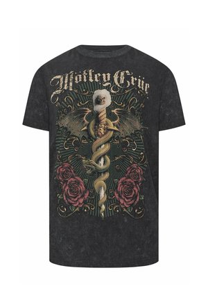 Zwart T-shirt met een zwaard met drakenvleugels, een slang gewikkeld rond het lemmet, rozen aan de basis en gestileerde "Mötley Crüe" tekst erboven.