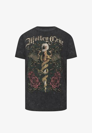 Czarny T-shirt z mieczem z smoczymi skrzydłami, wężem owiniętym wokół ostrza, różami u podstawy oraz stylizowanym napisem „Mötley Crüe” powyżej.