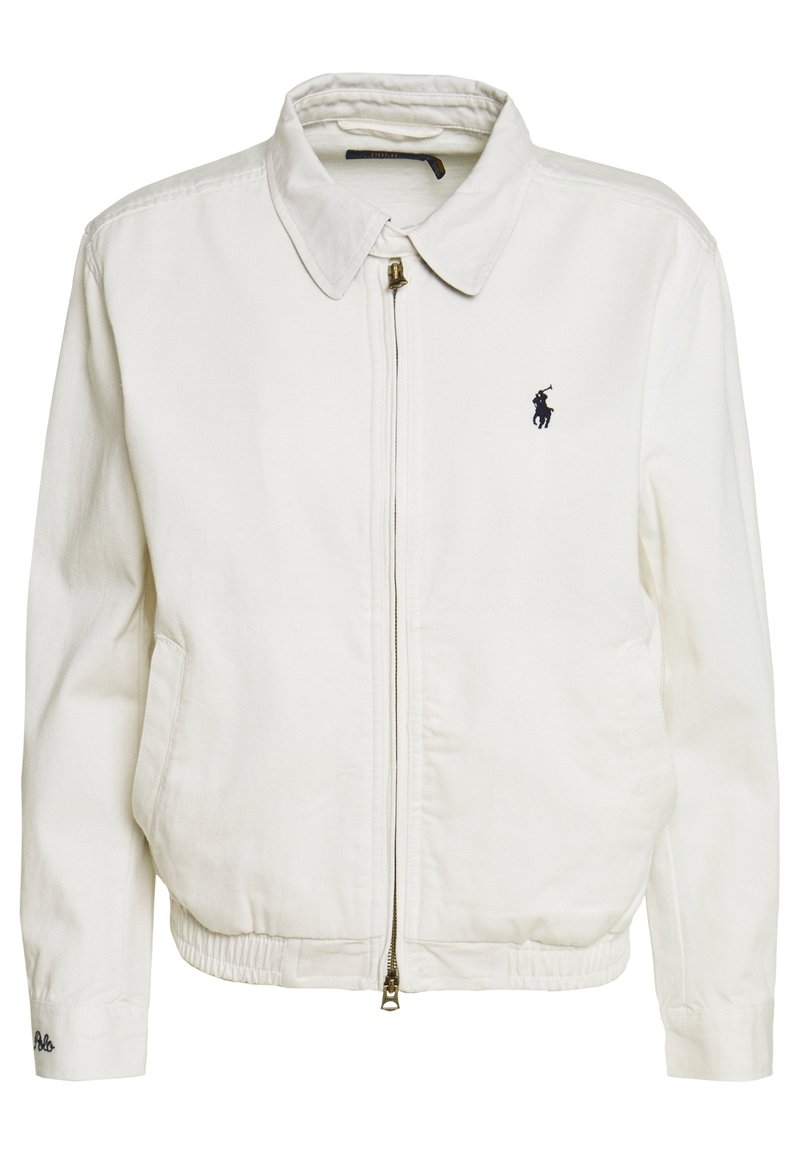 Bílá bavlněná bunda na zip s límcem, elastickým lemem, dvěma bočními kapsami a malým modrým logem koně na hrudi.