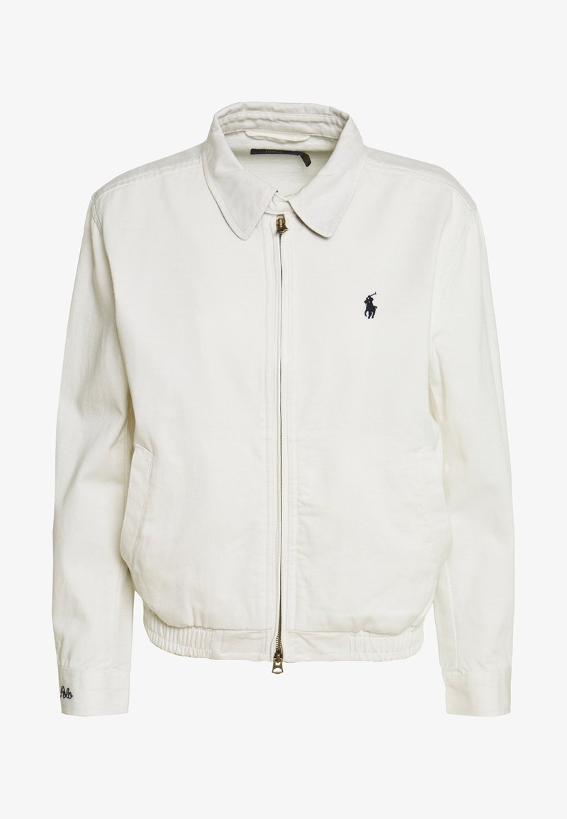 Bílá bavlněná bunda na zip s límcem, elastickým lemem, dvěma bočními kapsami a malým modrým logem koně na hrudi.