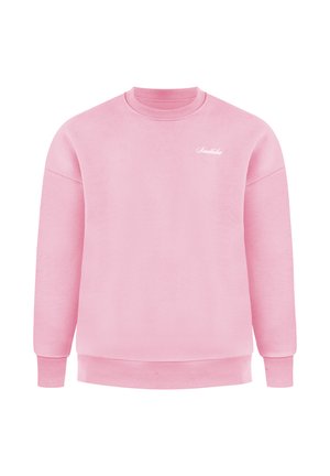 Hellrosa Sweatshirt mit Rundhalsausschnitt, gerippten Bündchen und Saum, kleines weißes Markenlogo auf der linken Brust.
