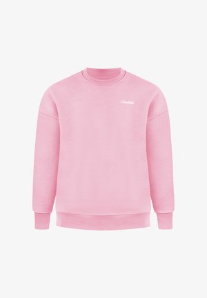 Hellrosa Sweatshirt mit Rundhalsausschnitt, gerippten Bündchen und Saum, kleines weißes Markenlogo auf der linken Brust.
