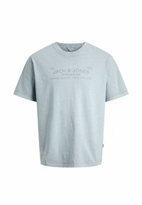 Hellblaues Baumwoll-T-Shirt mit kurzen Ärmeln, rundem Ausschnitt und einem vorderen Grafiktext in dunklerem Blau mit der Aufschrift "JACK & JONES PREMIUM."