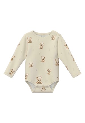 Crèmekleurig babyrompertje met lange mouwen, drukknopen en een patroon van kleine glimlachende teddyberen en sterren.