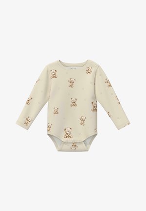Crèmekleurig babyrompertje met lange mouwen, drukknopen en een patroon van kleine glimlachende teddyberen en sterren.