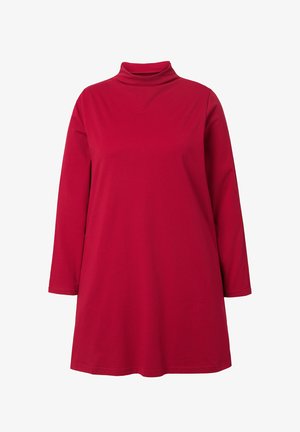 Tunique rouge à manches longues avec un col haut, coupe ample et design simple.