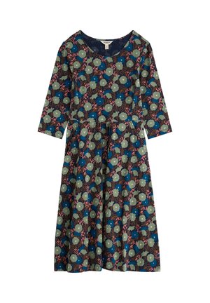 Floral patterned midi dress with 3/4 sleeves, round neckline, and gathered waist in dark blue, green, and coral colors.