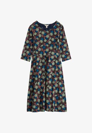 Vestido midi con estampado floral, mangas 3/4, escote redondo y cintura fruncida en colores azul oscuro, verde y coral.