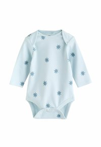 Helles blaues Baby-Bodysuit mit langen Ärmeln, verziert mit dunkelblauen Sternmustern und Druckknöpfen am Boden für ein einfaches Ankleiden.