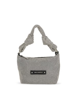 Mała prostokątna torebka z srebrnymi kryształkami, uchwytem z węzłem, zamkiem błyskawicznym i plakietką z logo Karl Lagerfeld z przodu.