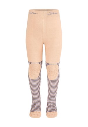 Beige and navy striped toddler leggings with textured knee and foot grips for non-slip wear.