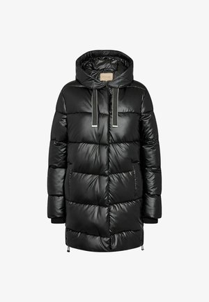 Giacca a vento nera con cappuccio, materiale lucido, imbottitura verticale e dettagli della cerniera chiari a contrasto. Include polsini elastici e orlo regolabile con coulisse.