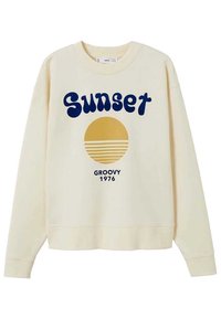 Kremowy sweatshirt z niebieską grafiką "Sunset" zawierającą żółte koło i poziome linie. Poniżej znajduje się napis "GROOVY 1976".