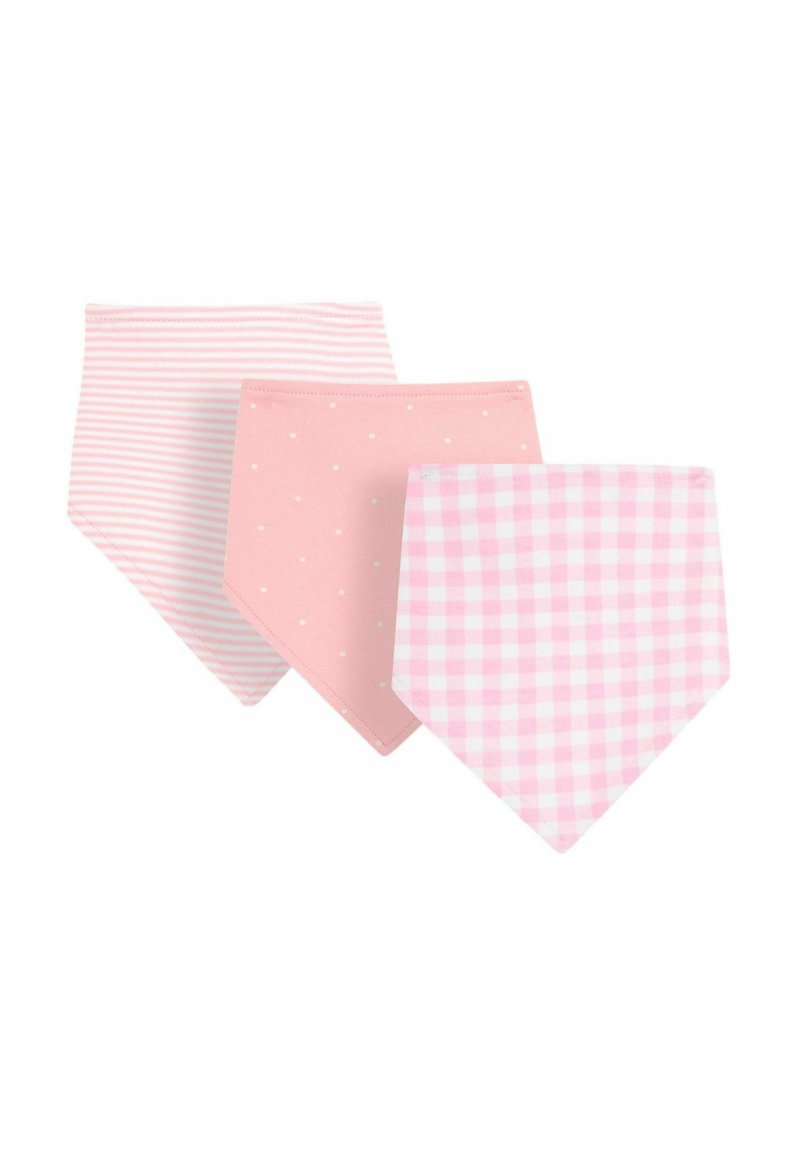 Trei bavete roz cu modele diferite: una în dungi, una cu buline și una cu model gingham. Toate sunt confecționate dintr-un material moale și au o formă triunghiulară.