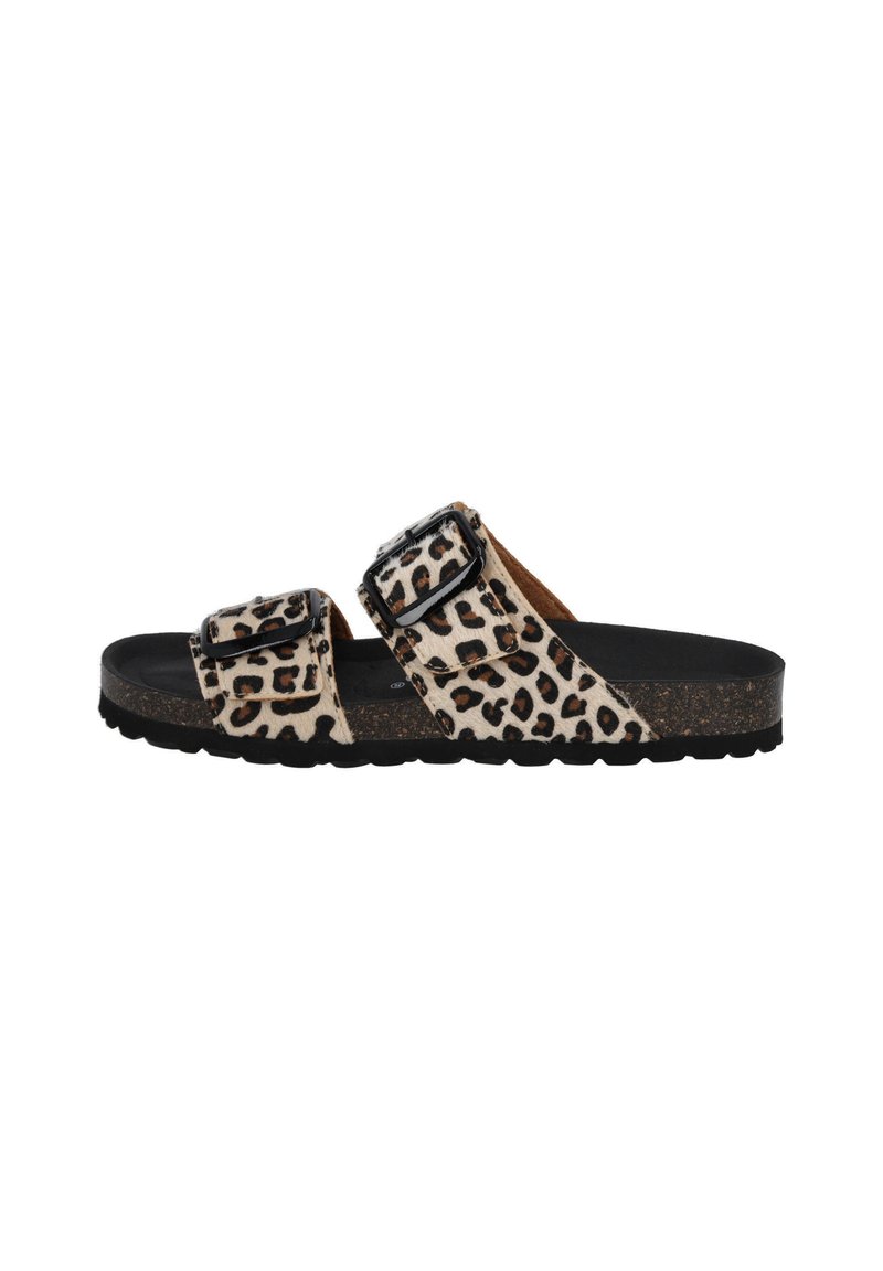 Sandali slide con stampa leopardata, dotati di due cinturini regolabili, soletta in sughero e suola in gomma. Materiale superiore morbido con una texture liscia.