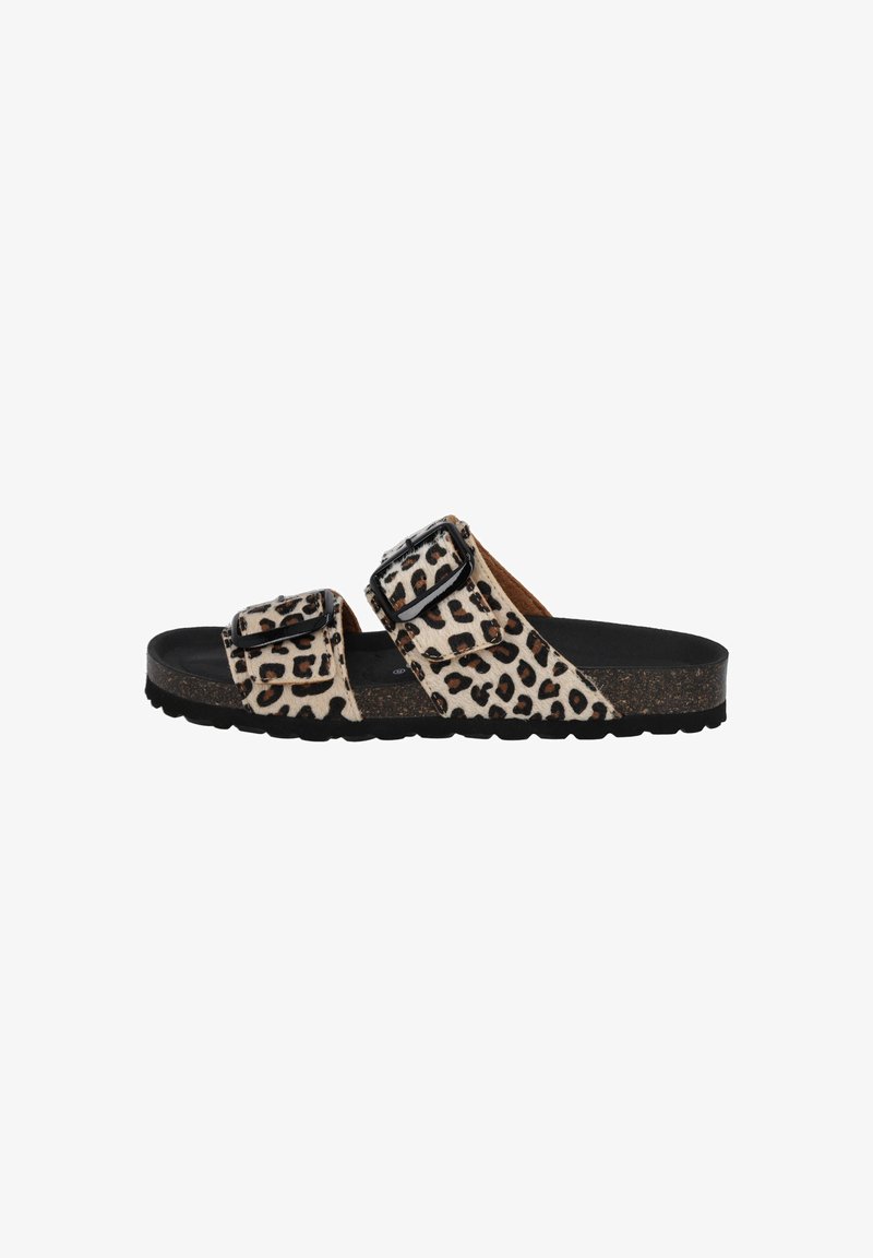 Leopard-print slide sandals with two adjustable straps, cork footbed, and rubber outsole. Soft upper material with a smooth texture.