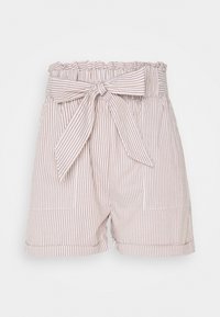 Shorts rayés en coton beige et blanc, dotés d'une taille élastique avec un lien frontal et deux poches latérales. Design texturé et décontracté.
