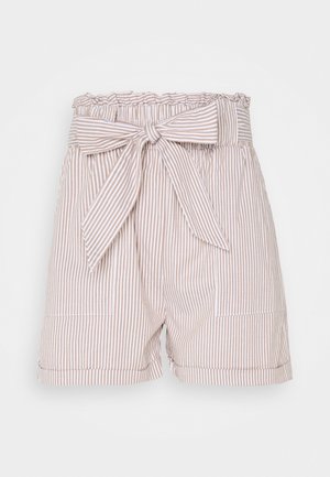 Striped shorts in beige and white cotton, featuring an elastic waistband with a front tie and two side pockets. Textured, casual design.